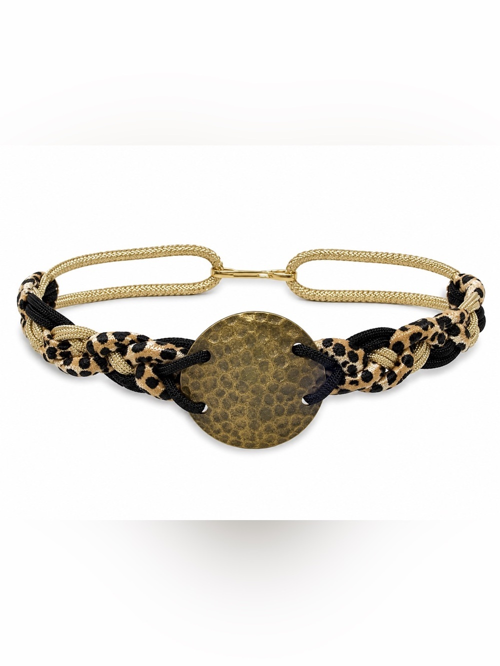 Women’s Braided Belt Leopard Print Metallic Gold Rope Hammered Medallion Buckle